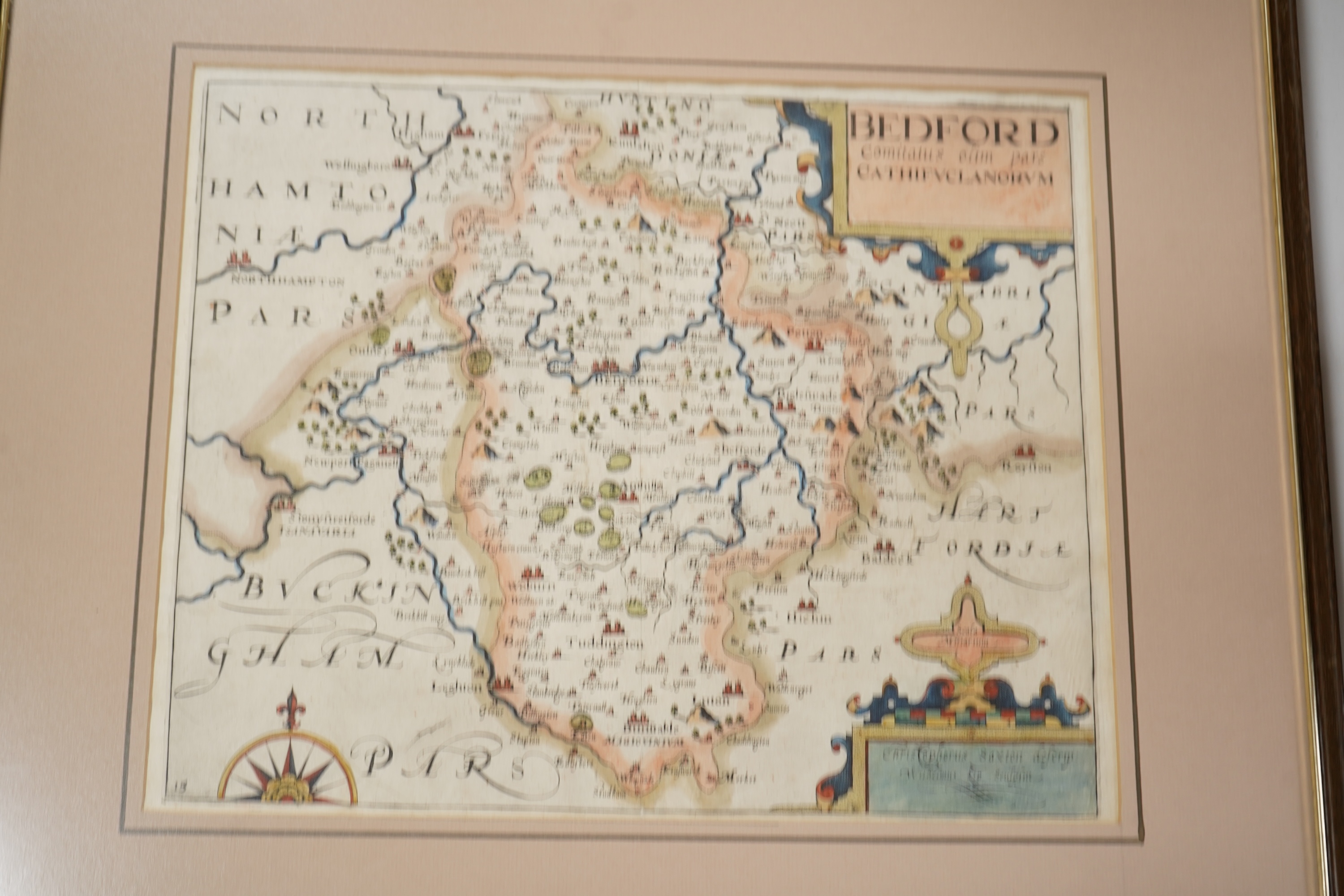 18th century, hand coloured engraved map of Bedford, 28 x 34cm